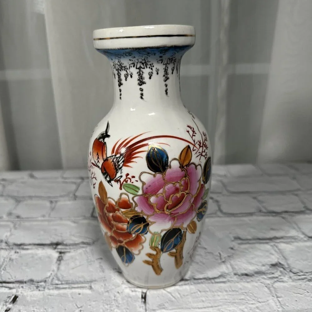 Vintage Floral Bird Hand Painted Chinese Porcelain Vase 8”